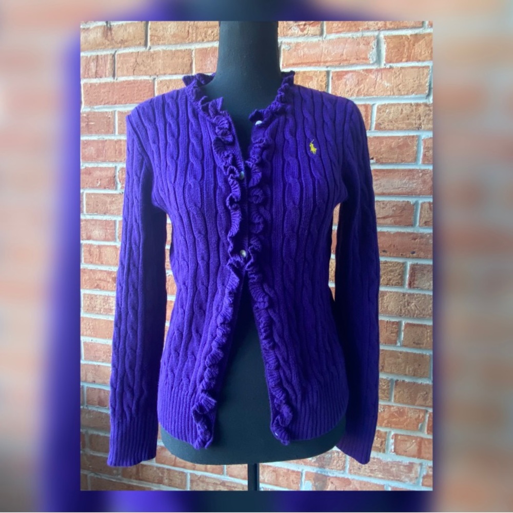 Ralph Lauren Purple Ruffle Cardigan for kids.